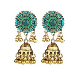 Retro Women's Indian Earrings Jhumka Gold Bells Tassel Alloy Green Round Dangle Earrings Bohemia Thailand Jewellery Brincos