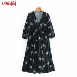 Tangada fashion women animal print shirt dress new arrival ladies v neck midi dress vestidos XN32 210409