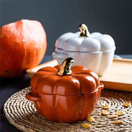 Pumpkin-shaped Baking Bowl Baked Soup Salad Kitchen Pan Oven Lasagna Gold with Lid Glazed 210423