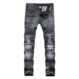 Trade Classic Retro Jeans Men Straight Slim Zipper Decoration light fold Skinny Denim pants Fashion Stretch Hip Hop Jogger 211108