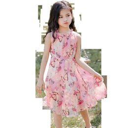 Kids Dresses For Girls Butterfly Pattern Girl Beach Dress Sleeveless Kids Dress Summer Children's Clothing 6 8 10 12 14 Q0716