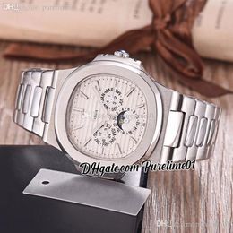 5740 Perpetual Calendar Automatic Moon Phase Mens Watch White Textured Dial Stick Markers Stainless Steel Bracelet Watches Puretime01 E01b2