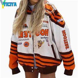 Women Autumn Coat Jacket Orange Letter Printed Casual Long Sleeve Oversized s Sport Style Bomber Vintage 210914