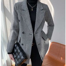 Houndstooth suit jacket ladies spring Korean loose retro British style 211006