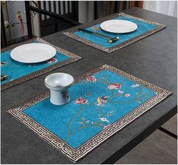 Custom Fine Embroidery Peony Flower Placemat Home Hotel Dining Table Mat Bowl Tea set Chinese Tableware Insulation Pad