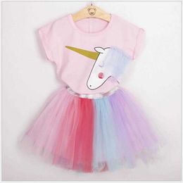 baby girl rainbow color tutu skirt unicorn clothing set for kids 2-7yrs cartoon girls 210529