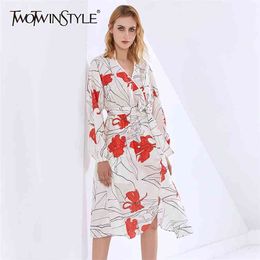 Bohemian Printed Dress For Female Stand Collar Lantern Sleeve High Waist Hit Colour Dresses Women Fashion 210520