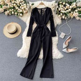 Women Black Jumpsuit Spring Fashion Hollow Out Lace Splicing Rompers V-neck Full Sleeve Wide Leg Clothes Overalls 210603