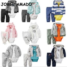 Spring Baby Boys Girls 3-pcs Sets Long Sleeve Romper+ Hooded Coat+Pants Suit Kids Clothes E2528 210610