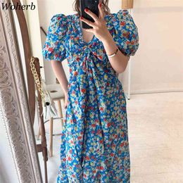 Summer Floral Printed Women Long Dress Short Sleeve V-neck Elegant Dresses Korean Chic Robe Vintage Fashion Vestidos 210519