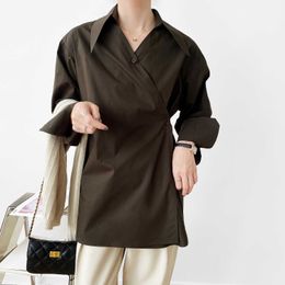 Fashionable Shirt Women's Autumn Korean-Style Pointed Collar Long Sleeve Solid Colour Blouse 210607