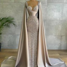 Arabic Glitter Sequined Evening Dresses with Cape Ruched Lace Sweetheart Prom Party Formal Women Gowns Custom Made CG001