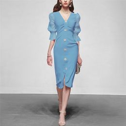 Blue slim sexy bag hip women's summer dress Office Lady Polyester Chiffon Zippers Knee-Length 210416