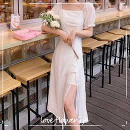 Summer Short Sleeve White Thin Elegant Dress Women Bandage Design Lace Midi Dress Office Lady Dress Korean Chic 210521