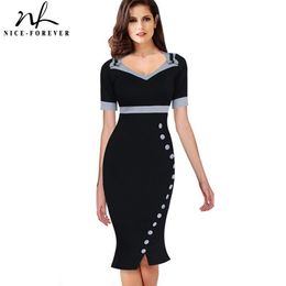 Nice-forever Bowknot Female Work Vintage Dress Women Cotton Tunic Black Short Sleeve Formal Mermaid Buttons Wiggle dress b220 210419