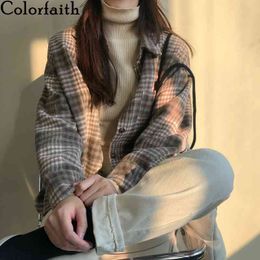 Colorfaith New Women Autumn Winter Blouses Buttons Vintage Checkered Split Shirts Oversize Korean Plaid Wild Tops BL3373 210413