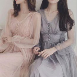 Sweet Elegant Fairy Dress Women Chic Mesh Long Sleeve V-Neck Lace Tulle Party es Summer Female Gentle Midi Vestidos 210529