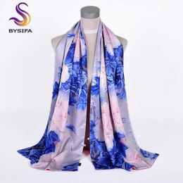 Scarves [BYSIFA] Chinese Style Blue Pink Peony Silk Shawl Scarf Female Elegant Long Shawls Wraps Fall Winter Warm Thick 175*50cm