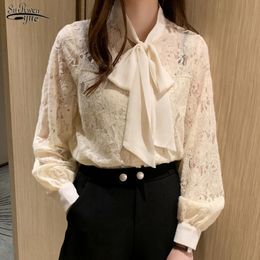 Blusas Mujer De Moda Autumn and Winter Korean Fashion Bow Tie Women Lace Shirt Female Casual Blouse Lantern Sleeve 10566 210521