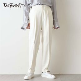 White Ruched Pants For Women High Waist Casual Minimalist Trousers Female Fashionable Clothing Spring 210521