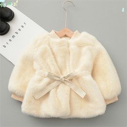 New Winter Warm Baby Kids Waist Belt Outfit Toddlers Imitation Fur Girls Coats Jacket Outwear 9M 12M 18M 24M 2 4 Years 210414