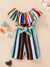 Baby Block Striped Ruffle Trim Belted Wide Leg Jumpsuit SHE
