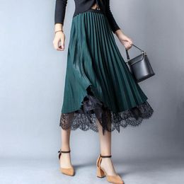 Skirts 2021 Summer Korean Skirt With Lace Female Tulle Pleated A-line High Waist Midi Women Green Black