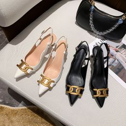 Pointed-Toe Square Ankle-Strap Buckle Sandals Women's Fashion Back Empty Metal Stiletto High Heels Ribbon Sandal