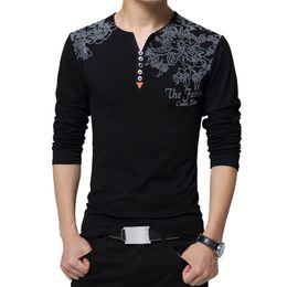 Autumn Fashion Floral Print Men T-shirt Henry Collar Button Decorate Long Sleeve for Tops Plus Size 5XL 220115
