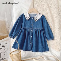 Mudkingdom Autumn Denim Dress Girls Lapel Print Puff Sleeve Embroidery Korean Long Baby Kids 210615