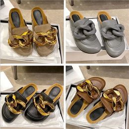 Gold Chain Decor Round Toe Flat Mules Lazy Loafers Shoes Women's Outdoor Genuine Leather Casual Slippers