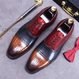 2022 Autumn Men Shoes Elegant Mens Cap Toe Brogue Oxford Lace Up Genuine Leather Dress Shoes Splicing Wedding Formal Shoes