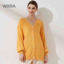 Wixra Women Oversized Single Breasted Lantern Sleeve Cardigan Autumn Winter Button Knitwear Loose Sweater 210806