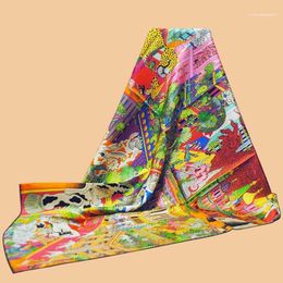 Scarves HuaJun 2 Store|| Rich Colors And Eye-catching "Animapolis" 90 Silk Square Scarf Twill Inkjet Hand Curled1