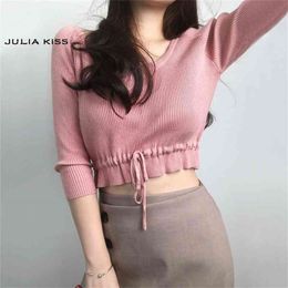 Women Drawstring Waist Crop Kitted Top with half Sleeve Ribbed Sweater 210512