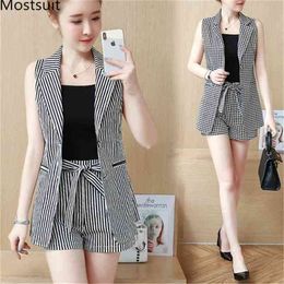 Summer Office Two Piece Sets Women Striped Vest And Elastic Waist Shorts Suits Elegant Ladies Ol Style Casual Women's 210513