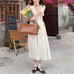Korejpaa Women Dress Summer Korean Chic French Temperament V-Neck Lace-Up Texture Pleated Puff Sleeve Vestidos 210526