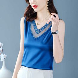 Korean Fashion Satin Women's Blouse Lace Office Lady Vest V-neck Plus Size Embroidered Women Tops Sleeveless Woman Top 210604