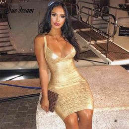 High Quality New Sleeveless Gold Print Bandage Dress Deep V-Neck Foiling Sexy Celebrity Bodycon Cocktail Party Christmas Dress 210331