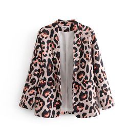 women euro style leopard pattern print open stitch blazer female pocket outwear suit office lady vintage chic casual tops CT183 211019