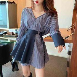 Office Ladies Striped Shirt Dress Women Two Pieces Set Long Blouse+Bandage Shirts Korean Casual Elegant Vestidos 210519