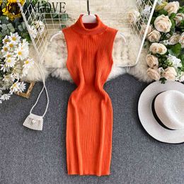 Ins Candy Color Knitted Vestidos Korean Sleeveless Solid Fashion Women Dress Turtleneck Summer Dresses 14244 210415