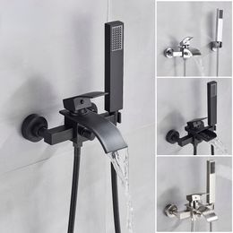 Bathroom Tub Faucet Single Handle Waterfall Spout Mixer Tap with Hand Shower Wall Mounted Bath Faucet Bathtub Faucet