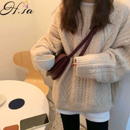 H.sa Korean Style Women Sweater Top Oneck Pull Jumpers Tops Purple Thick Knit sweater Twisted sueters de mujer women clothing 210716