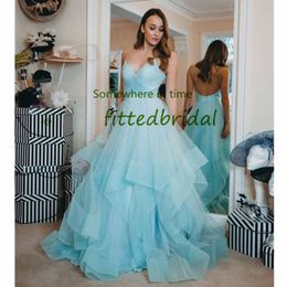 Glitter Exquisite V Neck Ruffles Prom Dresses Long Sleeveless Formal Bling Evening Dress Robes De Mariée