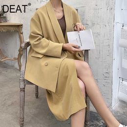[DEAT] Spring Summer Fashion Double Breasted Solid Colour Blazer Knee-length Split Fork Skirts Two-piece Suit 13Q187 210527