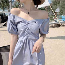 Blue Slash Neck Puff Sleeve Beach Long Dress Women Short High Waist A-line Midi Dresses Elegant Sexy Vintage Vestido 210513