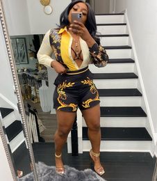 Printed Women Outfit Summer Two Piece Set Fashion Cardigan Single Breasted Sexy Long Sleeve Shirt Shorts