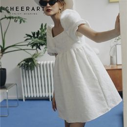 Puff Sleeve White Ruched Summer Dress Square Neck Ball Gown Bandage Open Back Backless Women Elegant 210427