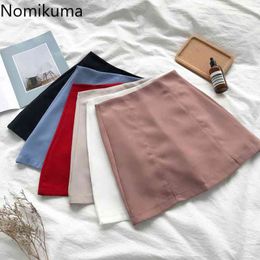 Nomikuma Korean Chic Mini Skirts Women Jupe Unicolor Simple Split Design High Waist A Line Black Skirt Arrival Faldas Mujer 210514